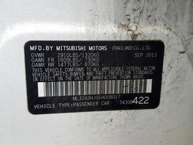 ML32A3HJ0EH008017 - 2014 MITSUBISHI MIRAGE DE WHITE photo 10