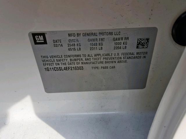 1G11C5SL4EF216303 - 2014 CHEVROLET MALIBU 1LT თეთრი ფოტო 10