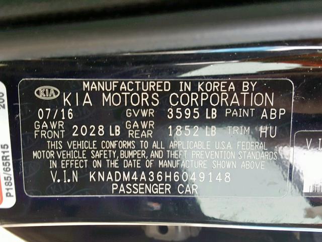 KNADM4A36H6049148 - 2017 KIA RIO LX BLACK photo 10