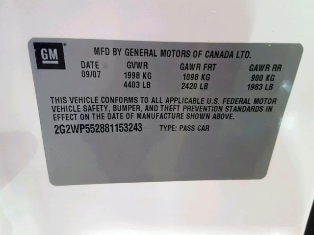 2G2WP552881153243 - 2008 PONTIAC GRAND PRIX WHITE photo 10