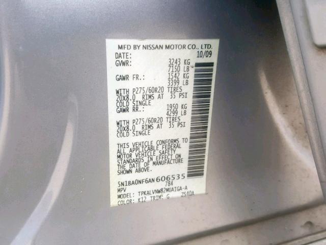 5N1BA0NF6AN606535 - 2010 NISSAN ARMADA PLA SILVER photo 10