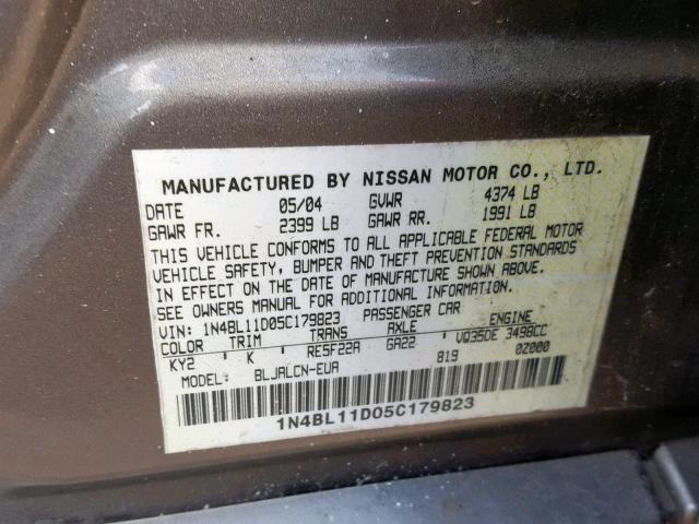 1N4BL11D05C179823 - 2005 NISSAN ALTIMA SE GRAY photo 10