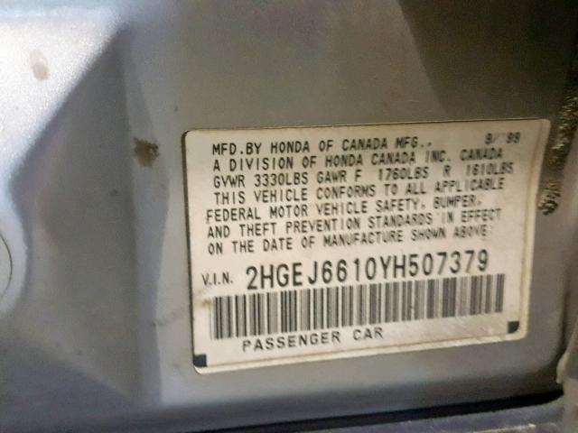 2HGEJ6610YH507379 - 2000 HONDA CIVIC BASE 银色 照片 10