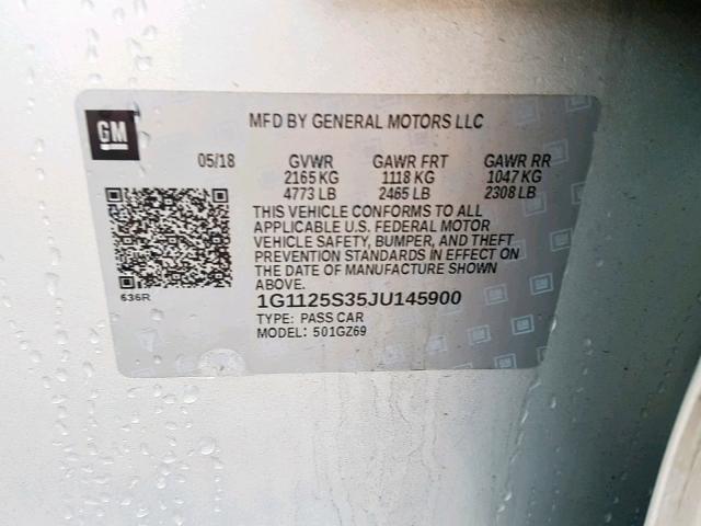 1G1125S35JU145900 - 2018 CHEVROLET IMPALA PRE SILVER photo 10