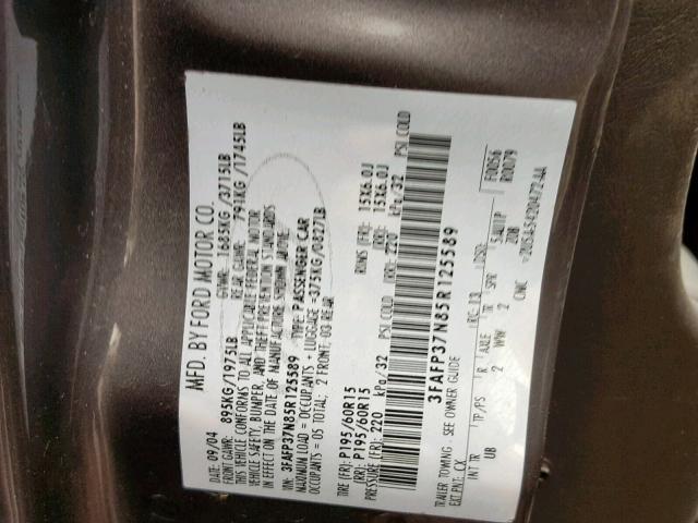 3FAFP37N85R125589 - 2005 FORD FOCUS ZX5 GRAY photo 10