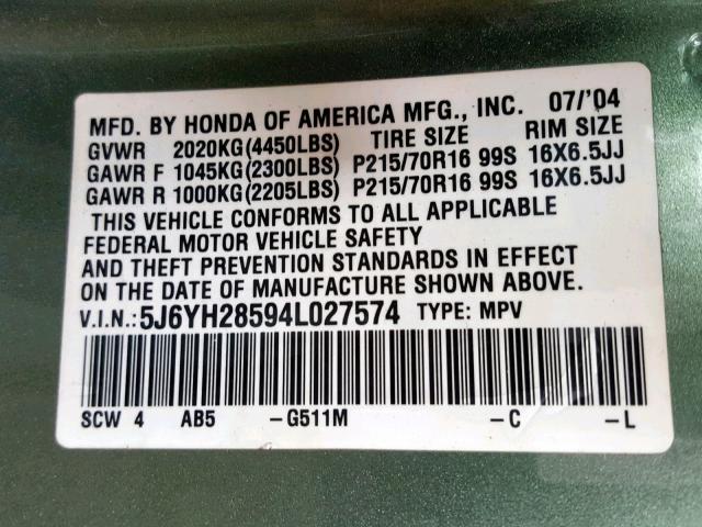 5J6YH28594L027574 - 2004 HONDA ELEMENT EX GREEN photo 10