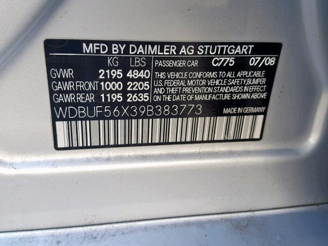 WDBUF56X39B383773 - 2009 MERCEDES-BENZ E 350 SILVER photo 10