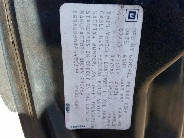 1G3AG55N1P6451379 - 1993 OLDSMOBILE CUTLASS CI GREEN photo 10