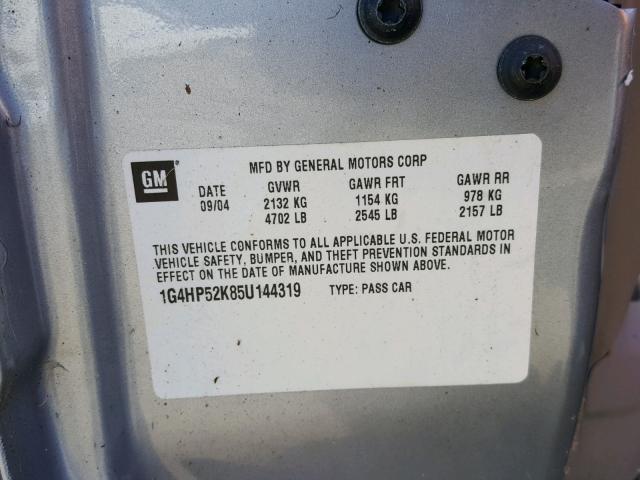 1G4HP52K85U144319 - 2005 BUICK LESABRE CU SILVER photo 10