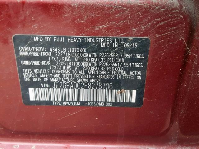 JF2GPADC2F8278706 - 2015 SUBARU XV CROSSTR RED photo 10