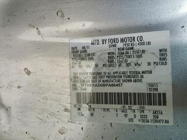 1FTKR1AD0BPA86457 - 2011 FORD RANGER SILVER photo 10