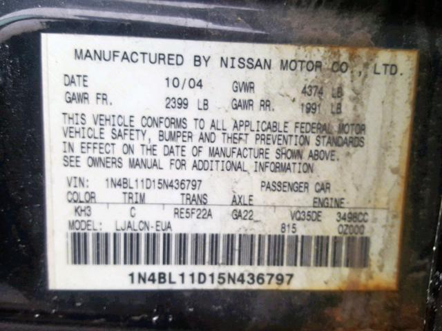 1N4BL11D15N436797 - 2005 NISSAN ALTIMA SE BLACK photo 10