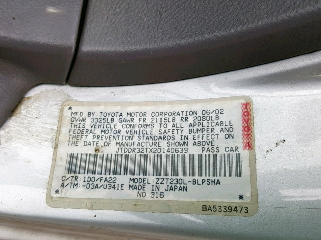 JTDDR32TX20140639 - 2002 TOYOTA CELICA GT SILVER photo 10