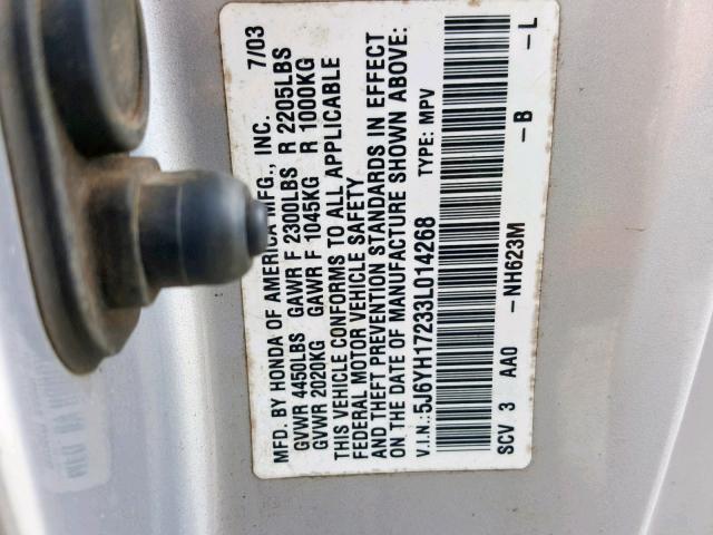 5J6YH17233L014268 - 2003 HONDA ELEMENT DX GRAY photo 10