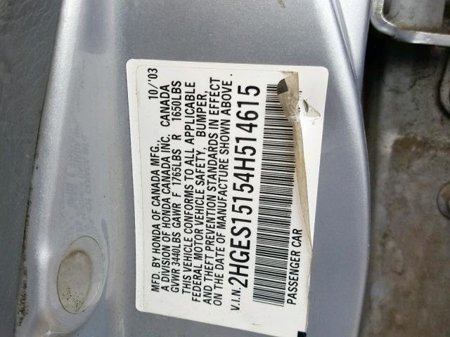 2HGES15154H514615 - 2004 HONDA CIVIC DX SILVER photo 10