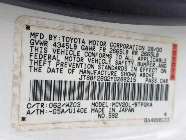 JT8BF28G2Y0288215 - 2000 LEXUS ES 300 WHITE photo 10