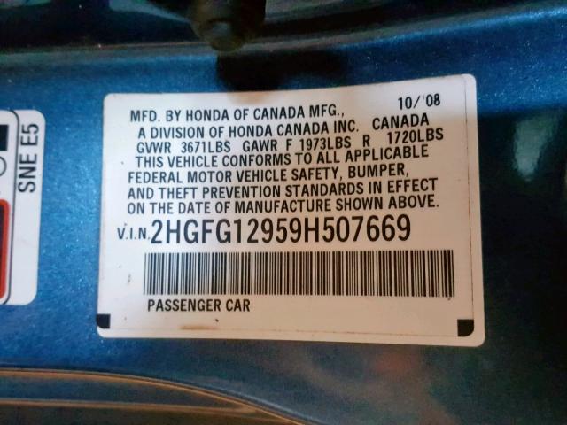 2HGFG12959H507669 - 2009 HONDA CIVIC EXL BLUE photo 10