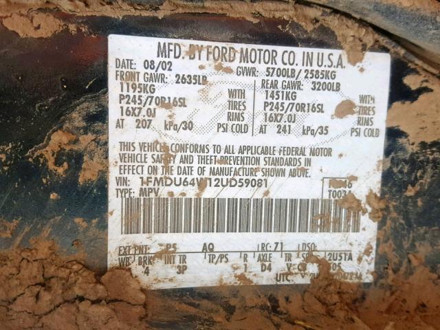 1FMDU64W12UD59081 - 2002 FORD EXPLORER E BLUE photo 10