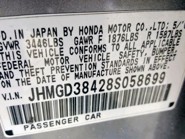 JHMGD38428S058699 - 2008 HONDA FIT SILVER photo 10