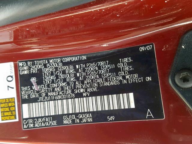 JTEZU11F68K001878 - 2008 TOYOTA FJ CRUISER RED photo 10