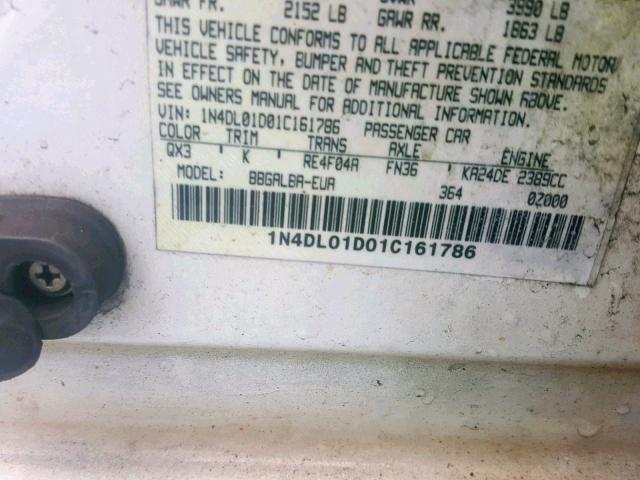 1N4DL01D01C161786 - 2001 NISSAN ALTIMA XE WHITE photo 10