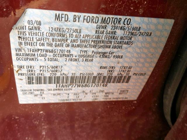 1FAHP27W68G170148 - 2008 FORD TAURUS SEL BURGUNDY photo 10