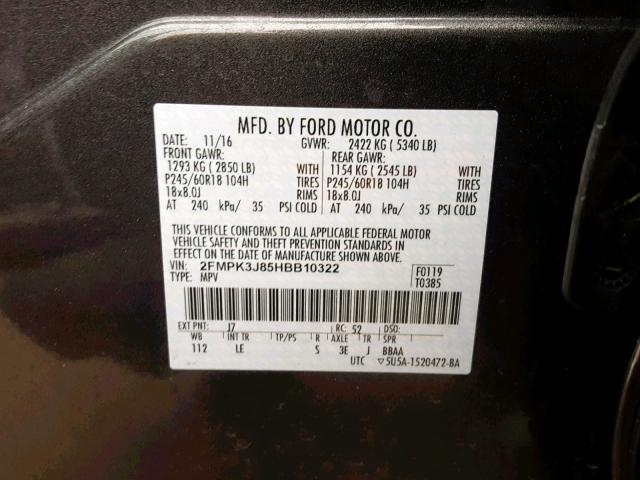 2FMPK3J85HBB10322 - 2017 FORD EDGE SEL GRAY photo 10