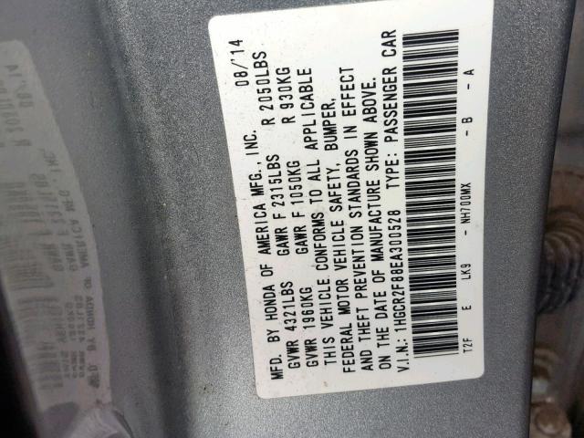 1HGCR2F88EA300528 - 2014 HONDA ACCORD EXL SILVER photo 10