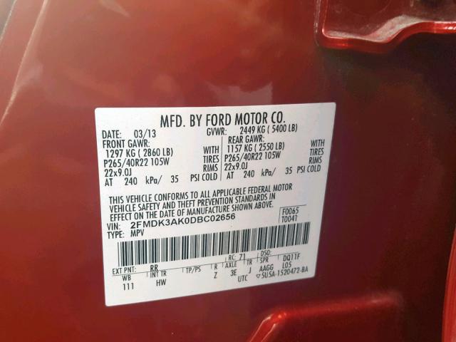 2FMDK3AK0DBC02656 - 2013 FORD EDGE SPORT RED photo 10