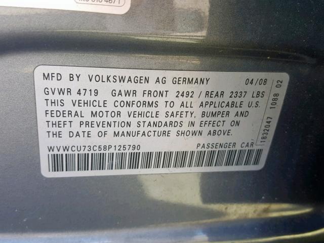 WVWCU73C58P125790 - 2008 VOLKSWAGEN PASSAT VR6 GRAY photo 10