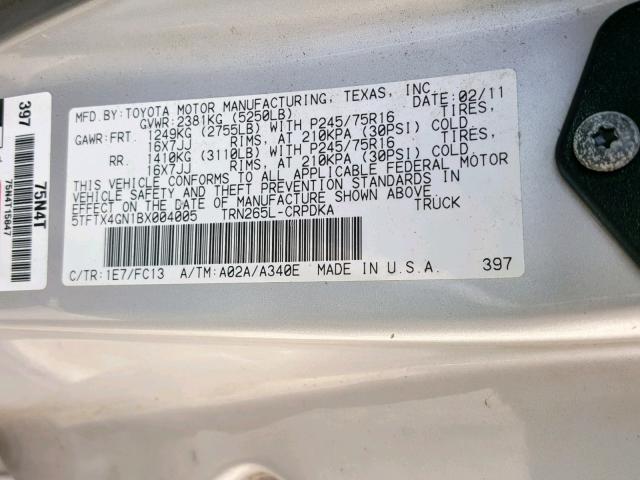 5TFTX4GN1BX004005 - 2011 TOYOTA TACOMA PRE SILVER photo 10