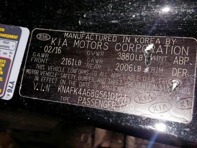 KNAFK4A68G5610124 - 2016 KIA FORTE LX BLACK photo 10