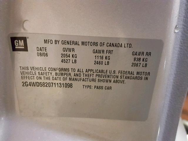 2G4WD582071131098 - 2007 BUICK LACROSSE C SILVER photo 10