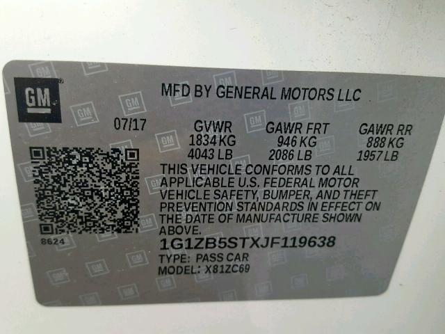 1G1ZB5STXJF119638 - 2018 CHEVROLET MALIBU LS WHITE photo 10