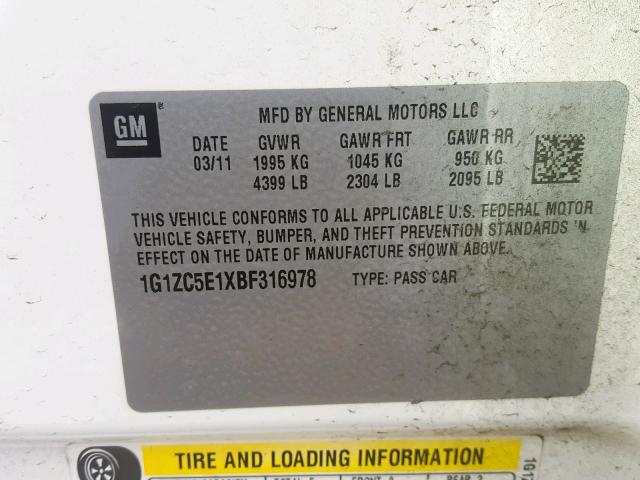 1G1ZC5E1XBF316978 - 2011 CHEVROLET MALIBU 1LT თეთრი ფოტო 10