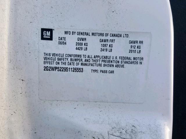 2G2WP522951126553 - 2005 PONTIAC GRAND PRIX WHITE photo 10