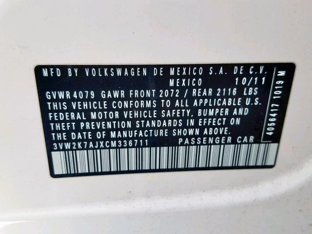 3VW2K7AJXCM336711 - 2012 VOLKSWAGEN JETTA BASE WHITE photo 10