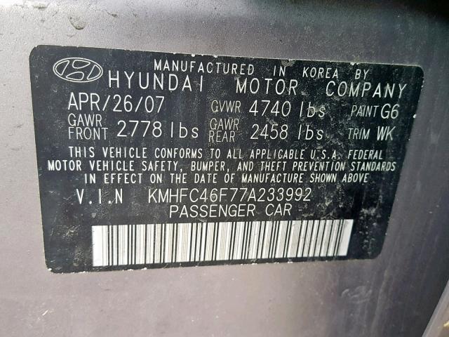 KMHFC46F77A233992 - 2007 HYUNDAI AZERA SE GRAY photo 10