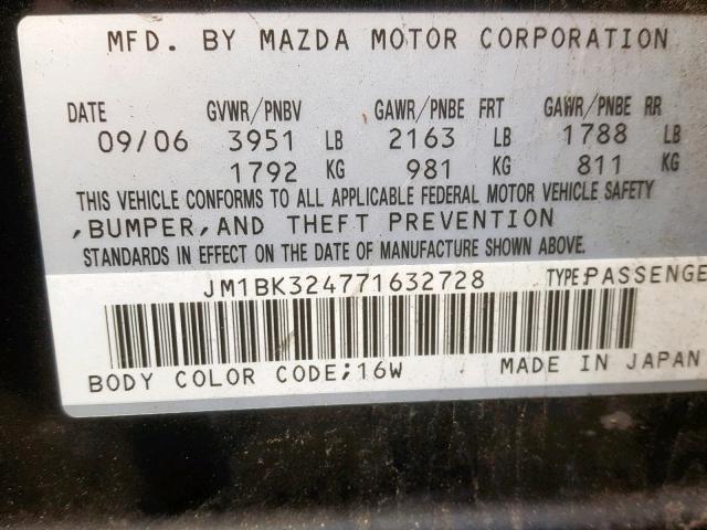 JM1BK324771632728 - 2007 MAZDA 3 S BLACK photo 10