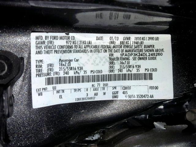1FADP3K24DL248260 - 2013 FORD FOCUS SE GRAY photo 10