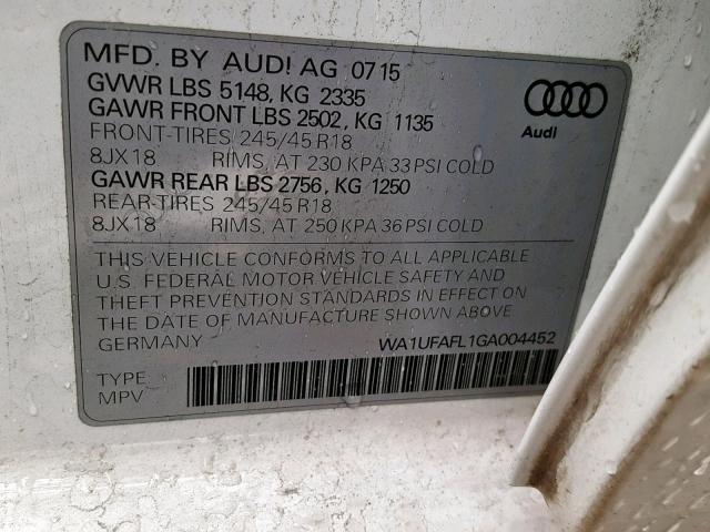 WA1UFAFL1GA004452 - 2016 AUDI A4 ALLROAD WHITE photo 10