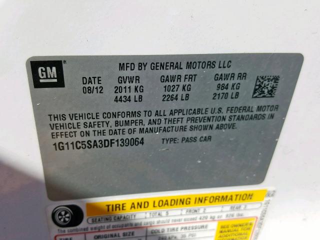 1G11C5SA3DF139064 - 2013 CHEVROLET MALIBU 1LT WHITE photo 10