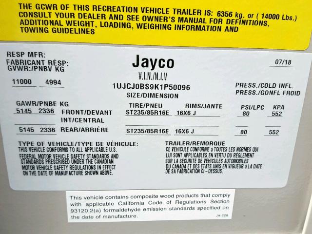 1UJCJ0BS9K1P50096 - 2019 JAYCO EAGLE  TAN photo 10