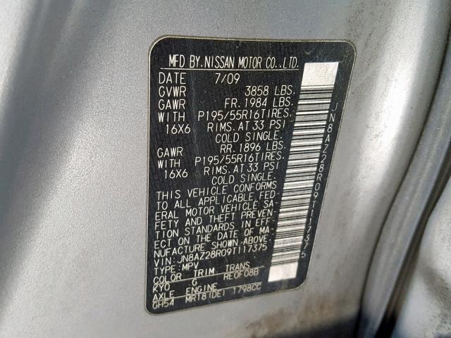 JN8AZ28R09T117375 - 2009 NISSAN CUBE BASE SILVER photo 10