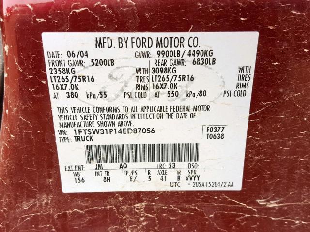 1FTSW31P14ED87056 - 2004 FORD F350 SRW S RED photo 10