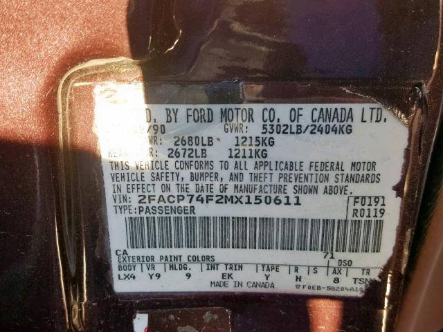 2FACP74F2MX150611 - 1991 FORD CROWN VICT BROWN photo 10