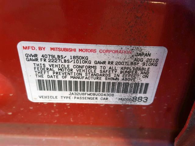 JA32U8FW0BU004308 - 2011 MITSUBISHI LANCER GTS RED photo 10