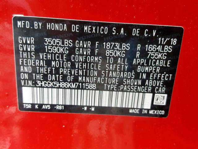 3HGGK5H86KM711588 - 2019 HONDA FIT EX RED photo 10