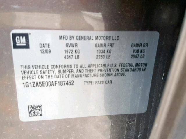 1G1ZA5E00AF187452 - 2010 CHEVROLET MALIBU LS BROWN photo 10
