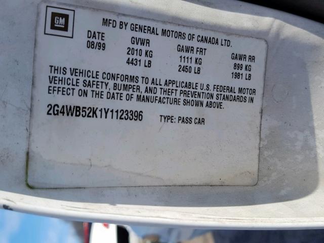 2G4WB52K1Y1123396 - 2000 BUICK REGAL LS WHITE photo 10